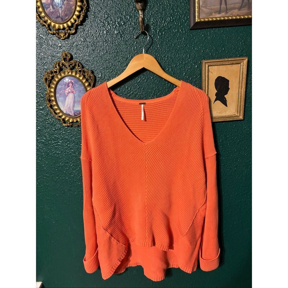 Free People Oversized Coral Orange Knit Sweater Size Small